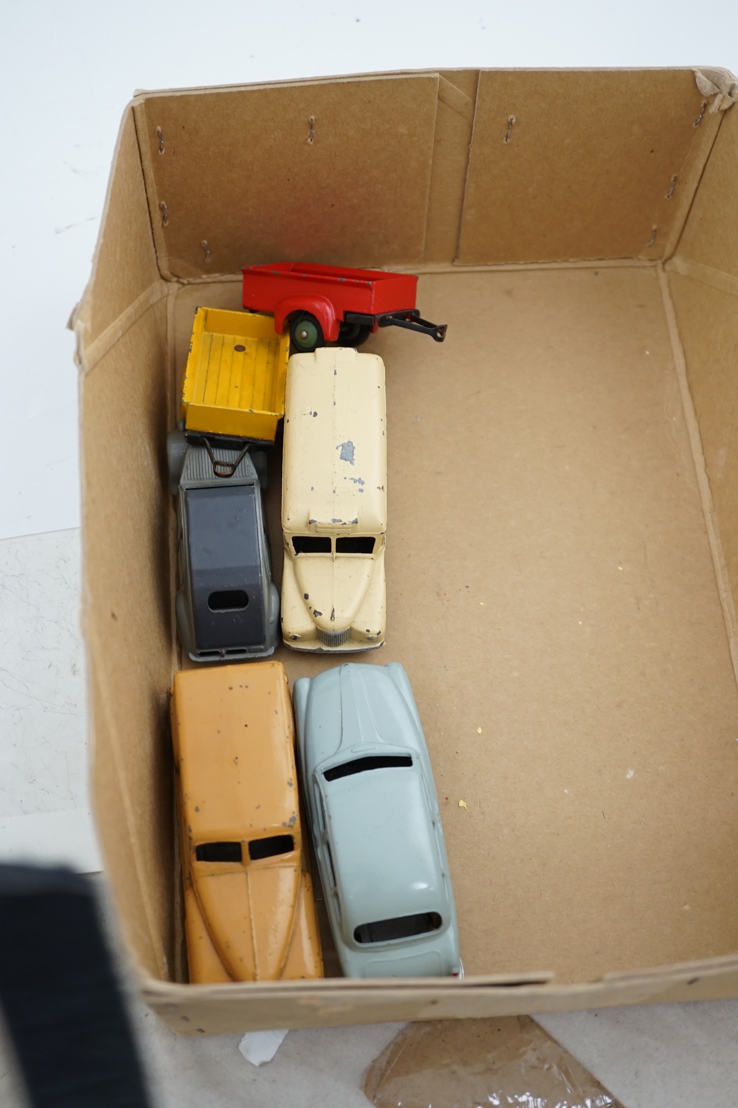 Twenty-seven Dinky Toys and French Dinky Toys, together with other diecast vehicles by Spot-On, Corgi, Matchbox Series, Mercury, CIJ, etc.